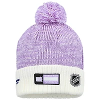 Bonnet en tricot à revers et pompon Fanatics pour homme, lavande/blanc, motif « Hockey Fights Cancer » des Flames de Calgary