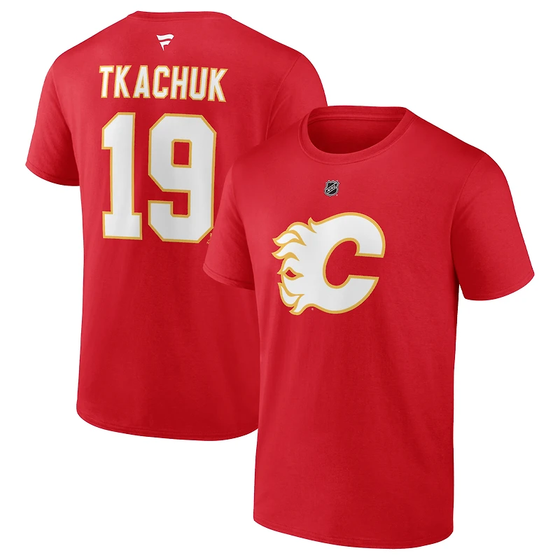 T-shirt rouge avec nom et numéro de pile authentique des Flames Calgary Matthew Tkachuk Fanatics pour hommes