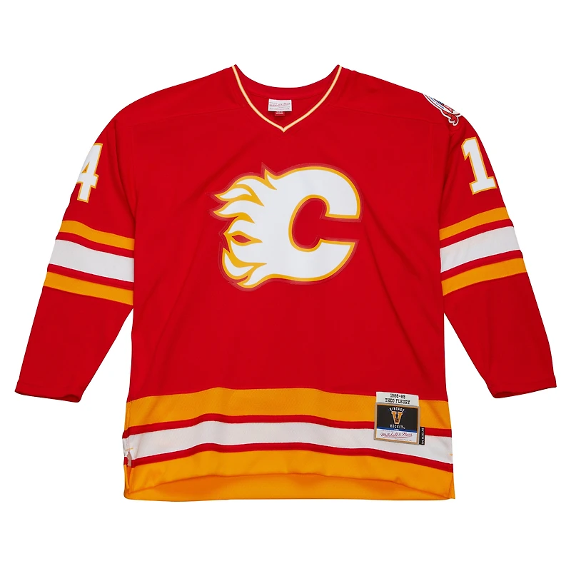 Maillot de joueur la ligne bleue Mitchell & Ness Theoren Fleury rouge des Flames Calgary 1988/89 pour hommes