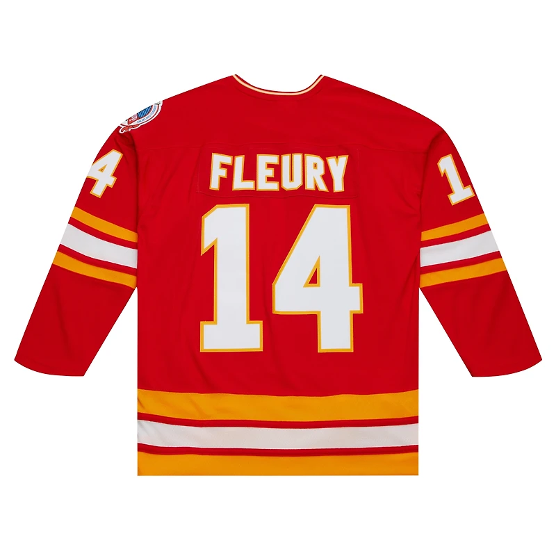 Maillot de joueur la ligne bleue Mitchell & Ness Theoren Fleury rouge des Flames Calgary 1988/89 pour hommes