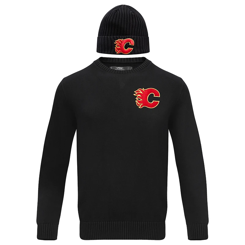 Men's Pro Standard Black Calgary Flames Pullover Sweater & Cuffed Knit Hat Box Gift Set