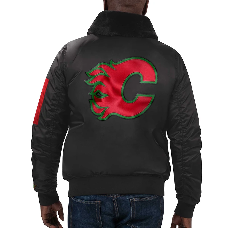 Veste Starter x Ty Mopkins noire Calgary Flames Black History Month en satin à fermeture éclair intégrale pour homme