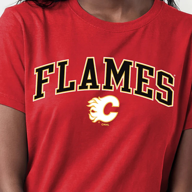 Women's Champion Red Calgary Flames Arch Mascot Logo T-Shirt