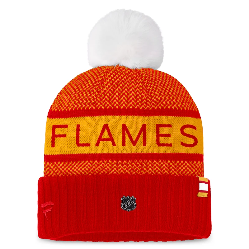 Bonnet en tricot à revers authentique Pro fanatiques des Flames de Calgary pour femmes avec pompon