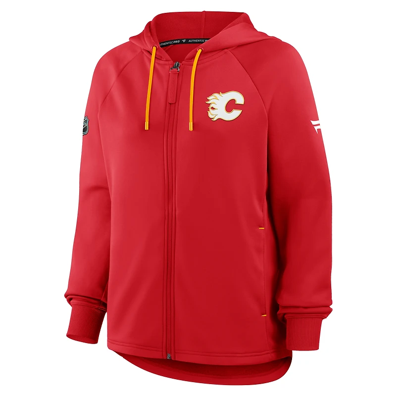 Sweat à capuche zippé entièrement rouge authentique Pro Rink Fanatics pour femme des Flames de Calgary