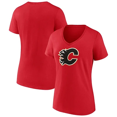 Logo principal fanatiques des Flames de Calgary rouges pour femmes - T-shirt à col en V