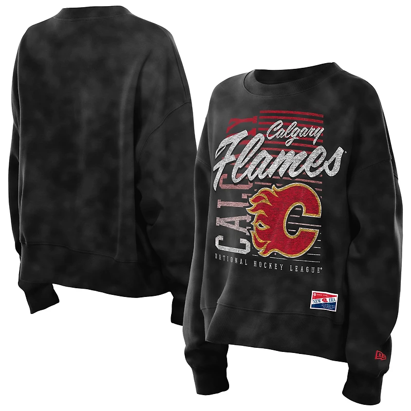 Women's New Era Black Calgary Flames Boxy Mineral Wash Dolman Sleeve Cropped Sweatshirt