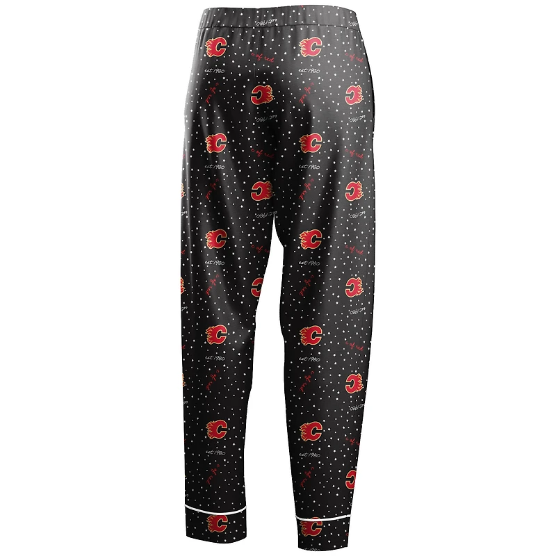 Women's WEAR by Erin Andrews Black Calgary Flames Long Sleeve Button-Up Shirt & Pants - Sleep Set