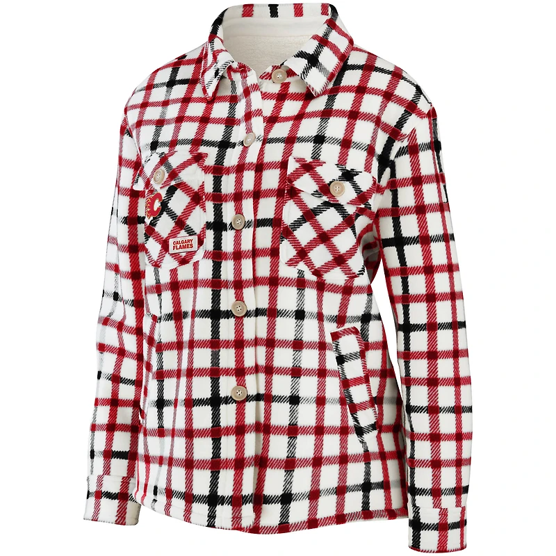 Women's WEAR by Erin Andrews Oatmeal Calgary Flames Plaid Button-Up - Shirt Jacket