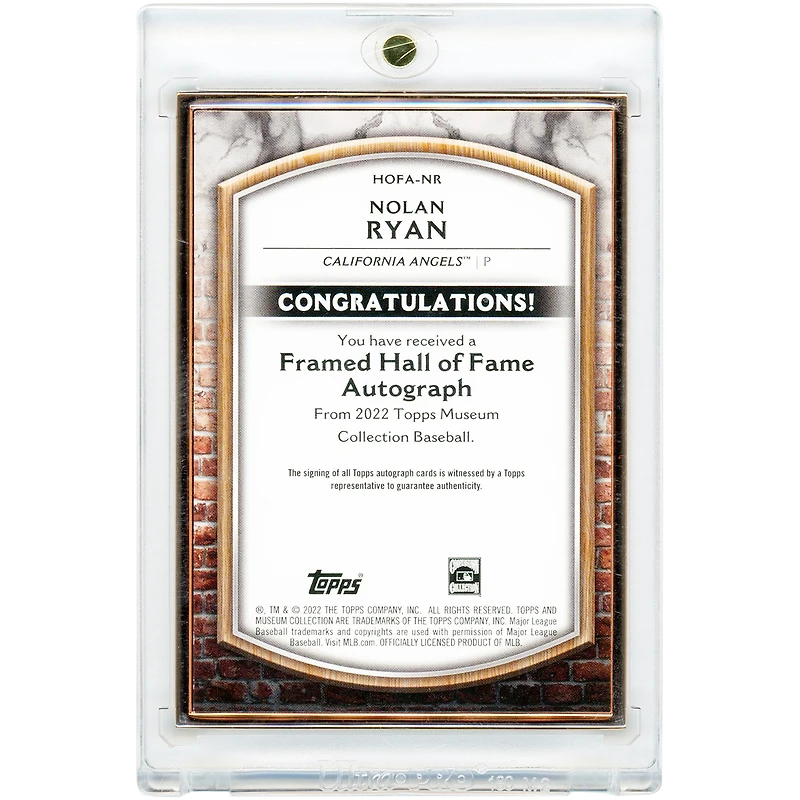 Carte autographiée de Nolan Ryan (California Angels), collection Topps Museum 2022, encadrée en bronze, #HOFA-NR #2/10