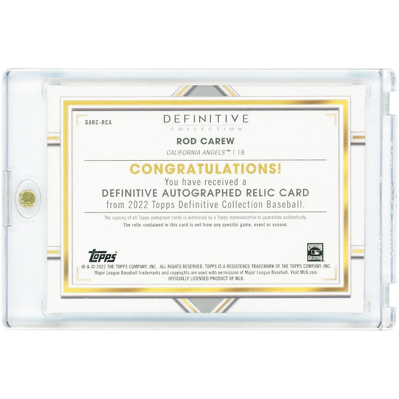 Rod Carew California Angels Autographed 2022 Topps Definitive Collection Game-Used Relic #DARC-RCA #6/40 Card