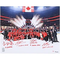 Nathan MacKinnon, Cale Makar, Sam Reinhart & Jordan Binnington Canada Autographed 16" x 20" 4 Nations Face-Off Champions Team Celebration Photograph with Multiple Inscriptions - Signed in Red Ink - Limited Edition of 5