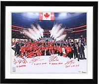 Nathan MacKinnon, Cale Makar, Sam Reinhart & Jordan Binnington Canada Autographed 16" x 20" 4 Nations Face-Off Champions Team Celebration Photograph with Multiple Inscriptions - Signed in Red Ink - Limited Edition of 5