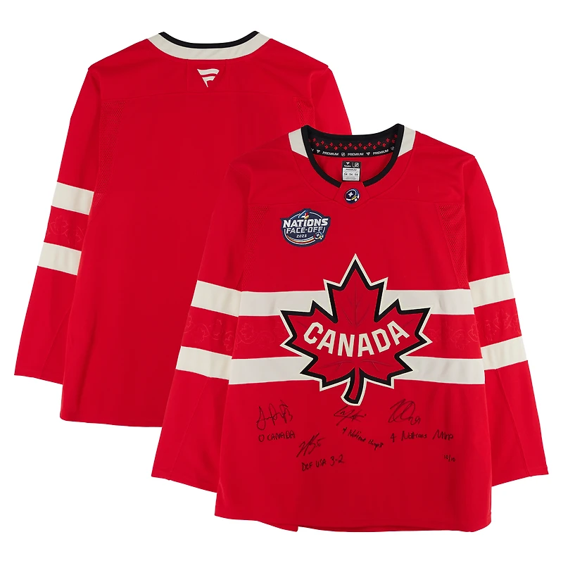 Nathan MacKinnon, Cale Makar, Sam Reinhart & Jordan Binnington Canada Autographed Red 4 Nations Face-Off Fanatics Premium Jersey with Multiple Inscriptions - Limited Edition #10/10