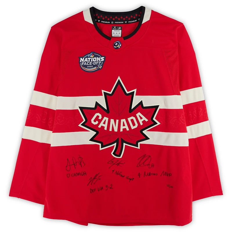 Nathan MacKinnon, Cale Makar, Sam Reinhart & Jordan Binnington Canada Autographed Red 4 Nations Face-Off Fanatics Premium Jersey with Multiple Inscriptions - Limited Edition #10/10