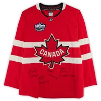 Nathan MacKinnon, Cale Makar, Sam Reinhart & Jordan Binnington Canada Autographed Red 4 Nations Face-Off Fanatics Premium Jersey with Multiple Inscriptions - Limited Edition #10/10
