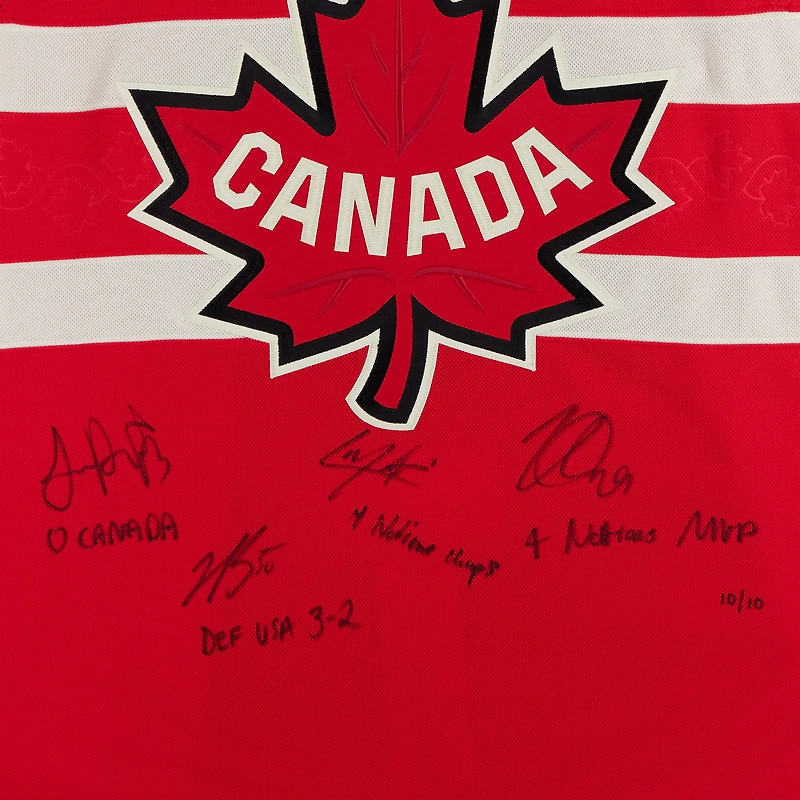 Nathan MacKinnon, Cale Makar, Sam Reinhart & Jordan Binnington Canada Autographed Red 4 Nations Face-Off Fanatics Premium Jersey with Multiple Inscriptions - Limited Edition #10/10