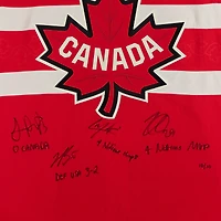 Nathan MacKinnon, Cale Makar, Sam Reinhart & Jordan Binnington Canada Autographed Red 4 Nations Face-Off Fanatics Premium Jersey with Multiple Inscriptions - Limited Edition #10/10