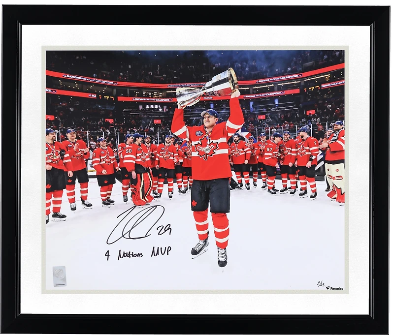 Nathan MacKinnon Canada Autographed 16" x 20" 4 Nations Face-Off Champions Celebration Photograph with "4 Nations MVP" Inscription - Limited Edition of 25