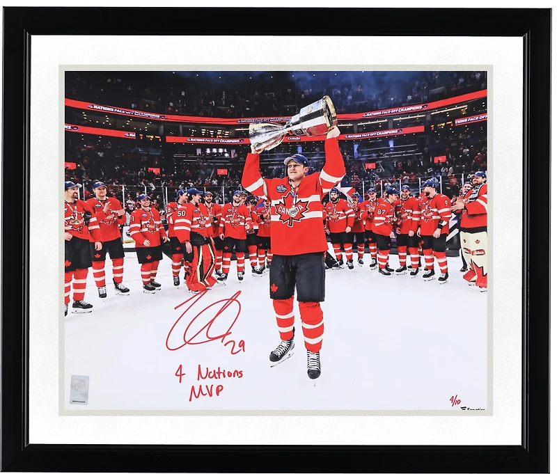 Nathan MacKinnon Canada Autographed 16" x 20" 4 Nations Face-Off Champions Celebration Photograph with "4 Nations MVP" Inscription - Signed in Red Ink - Limited Edition of 10