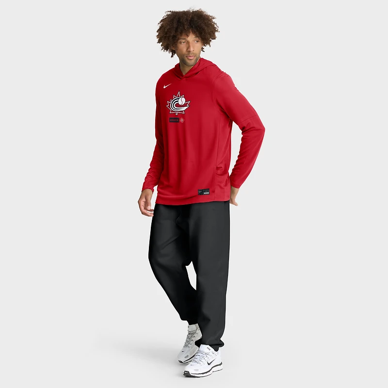 T-shirt à capuche manches longues Nike rouge Canada Baseball 2026 Classique mondiale de baseball, collection authentique Dri-FIT pour homme