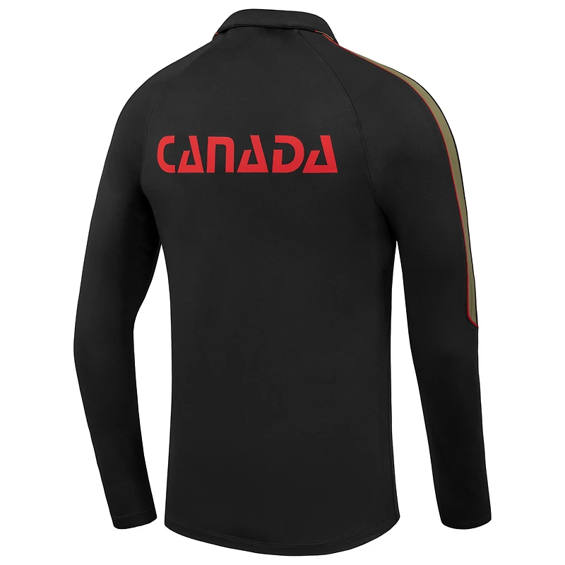 Haut de soccer Nike Strike Drill noir pour homme, manches longues, fermeture éclair au quart, technologie Dri-FIT, Canada Soccer.