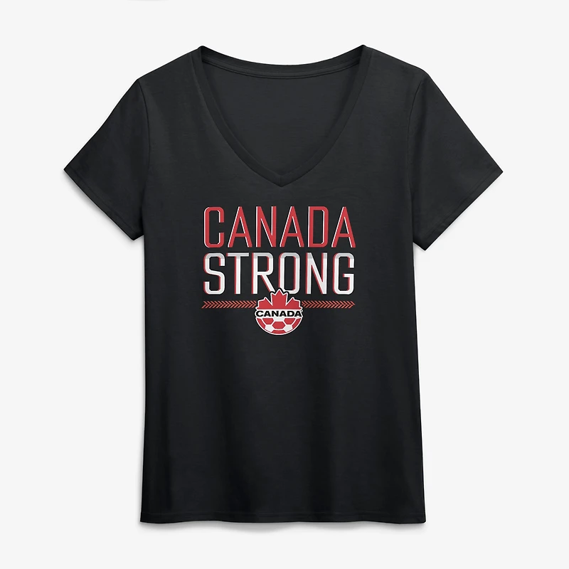 T-shirt noir à col en V pour femmes, Canada Soccer Strong