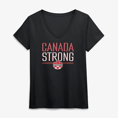 T-shirt noir à col en V pour femmes, Canada Soccer Strong
