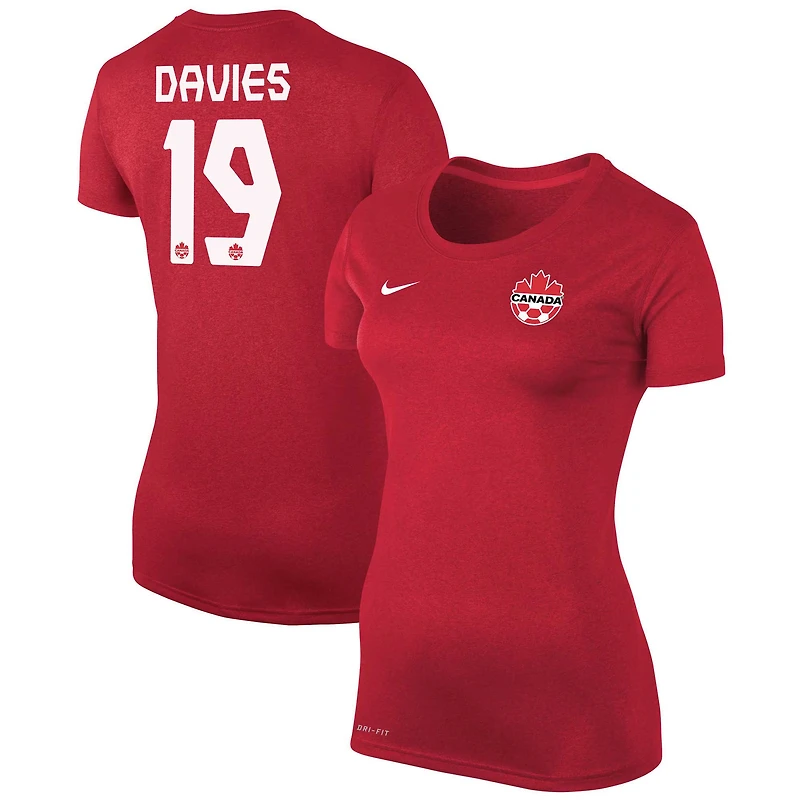 T-shirt de performance Nike pour femme, modèle Alphonso Davies rouge, légende du soccer canadien, avec nom et numéro.
