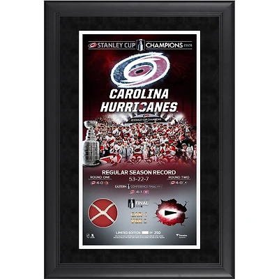 Carolina Hurricanes 2026 Stanley Cup Champions Framed 10" x 18" Collage with a Piece of Game-Used Net from the 2026 Stanley Cup Final & Puck from the 25-26 Season - Limited Edition of 250