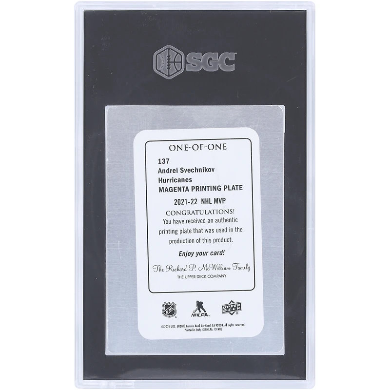 Andrei Svechnikov Carolina Hurricanes 2021-22 Upper Deck MVP Magenta Printing Plate #137 #1/1 SGC Authenticated Auth Card