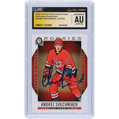 Carte recrue autographiée 2018-19 Upper Deck O-Pee-Chee Coast To Coast #165 d'Andrei Svechnikov des Hurricanes de la Caroline, carte Auto 10 authentifiée par les fanatiques de CGC