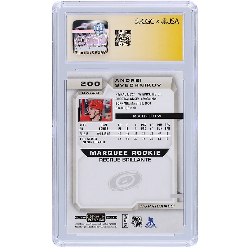 Carte de recrue 10/10 authentifiée 10/10 signée Andrei Svechnikov des Hurricanes de la Caroline, Upper Deck O-Pee-Chee Platinum Rainbow #200 2018-19, CGC Fanatics