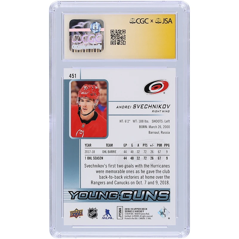 Andrei Svechnikov Carolina Hurricanes Carte de recrue 9/10 authentifiée dédicacée 2018-19 Upper Deck Series 2 Young Guns #451 CGC Fanatics Witnessed