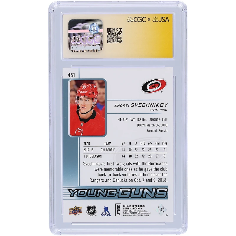 Carte de recrue autographiée 2018-19 Upper Deck Series 2 Young Guns #451 de Andrei Svechnikov des Hurricanes de la Caroline, carte autographiée CGC Fanatics, Auto 10, témoin