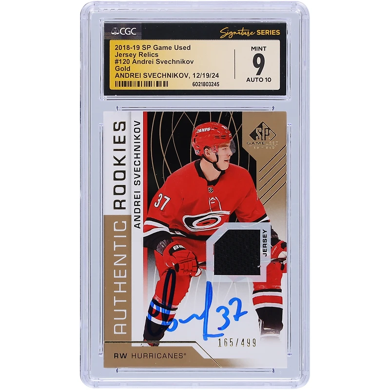 Andrei Svechnikov Carolina Hurricanes Autographié 2018-19 Upper Deck SP Game Used Gold Jersey Relic #120 #/499 CGC Fanatics Witnessed Authenticated 9/10 Rookie Card