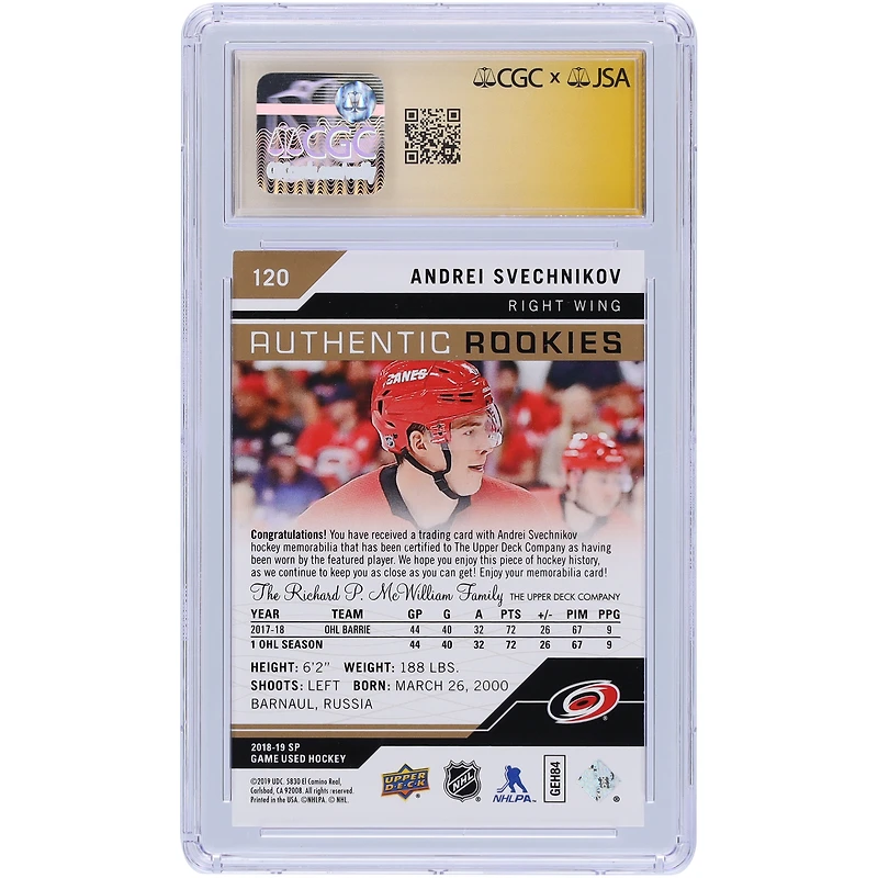 Andrei Svechnikov Carolina Hurricanes Autographed 2018-19 Upper Deck SP Game Used Gold Jersey Relic #120 #/499 CGC Fanatics Witnessed Authenticated 9/10 Rookie Card