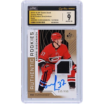 Andrei Svechnikov Carolina Hurricanes Autographed 2018-19 Upper Deck SP Game Used Gold Jersey Relic #120 #/499 CGC Fanatics Witnessed Authenticated 9/10 Rookie Card