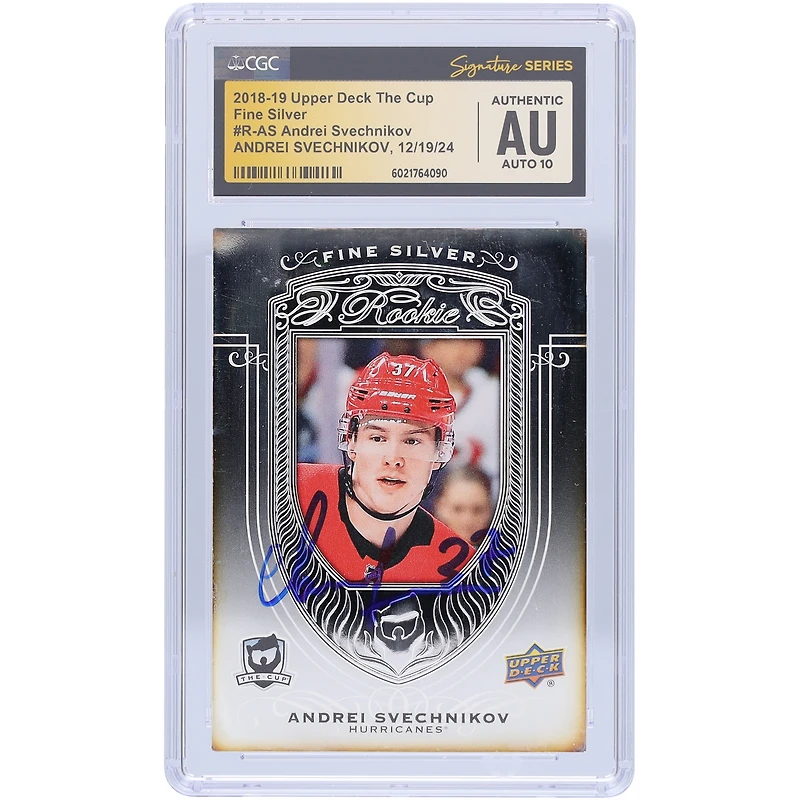 Carte recrue autographiée 2018-19 Upper Deck The Cup Fine Silver #R-AS par Andrei Svechnikov des Hurricanes de la Caroline, carte authentifiée Auto 10 CGC Fanatics Witnessed