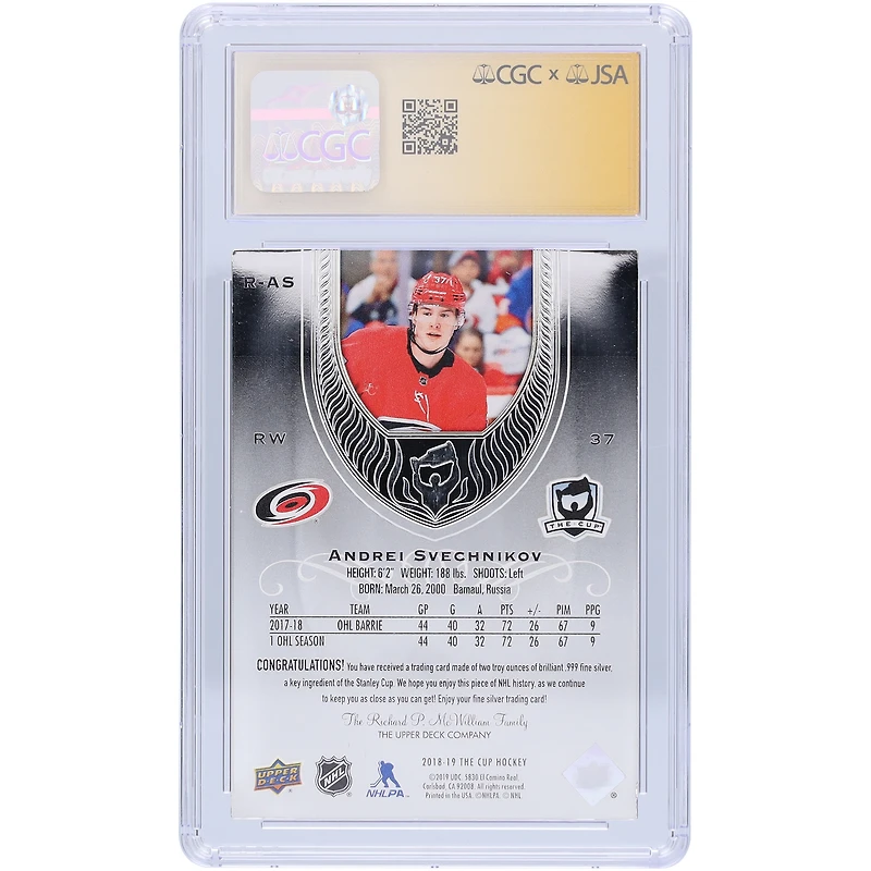 Carte recrue autographiée 2018-19 Upper Deck The Cup Fine Silver #R-AS par Andrei Svechnikov des Hurricanes de la Caroline, carte authentifiée Auto 10 CGC Fanatics Witnessed