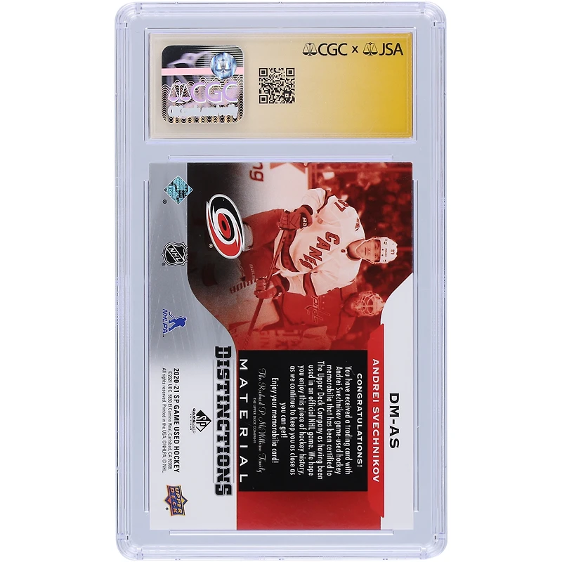 Andrei Svechnikov Carolina Hurricanes Autographed 2020-21 Upper Deck SP Game Used Materials Distinctions Jersey Relic #DM-AS CGC Fanatics Witnessed Authenticated 9/10 Card