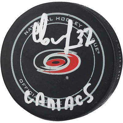 Andrei Svechnikov Carolina Hurricanes Autographed Old Model Official Game Puck with "Caniacs" Inscription