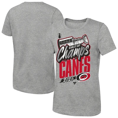 T-shirt réplique vestiaire des Hurricanes de la Caroline, gris chiné, pour jeunes filles, collection Fanatics, champions Coupe Stanley 2026.
