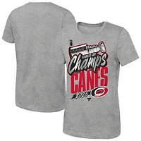 T-shirt réplique vestiaire des Hurricanes de la Caroline, gris chiné, pour jeunes filles, collection Fanatics, champions Coupe Stanley 2026.