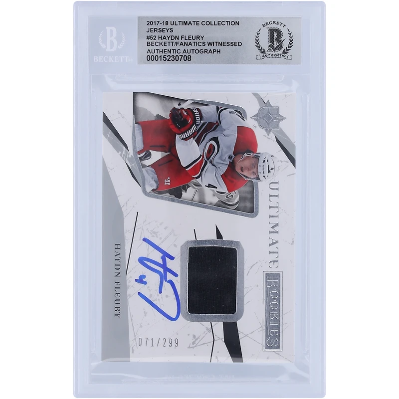 Haydn Fleury Carolina Hurricanes Autographed 2017-18 Upper Deck Ultimate Collection Rookies Black Relic #52 #71/299 Beckett Fanatics Witnessed Authenticated 10 Rookie Card