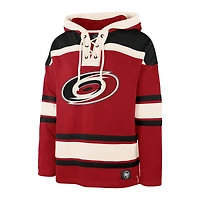 Men's '47 Sebastian Aho Red Carolina Hurricanes Player Name & Number Lacer Pullover Hoodie