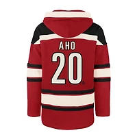 Men's '47 Sebastian Aho Red Carolina Hurricanes Player Name & Number Lacer Pullover Hoodie