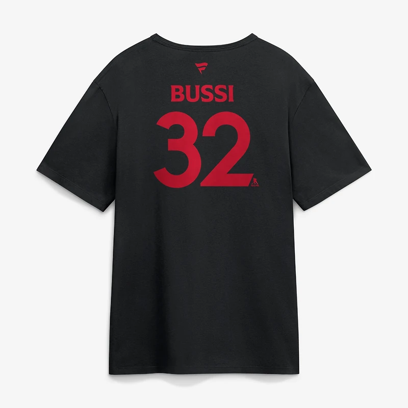 T-shirt authentique Fanatics Brandon Bussi noir des Hurricanes de la Caroline, champions Coupe Stanley 2026. Nom et numéro du joueur professionnel.