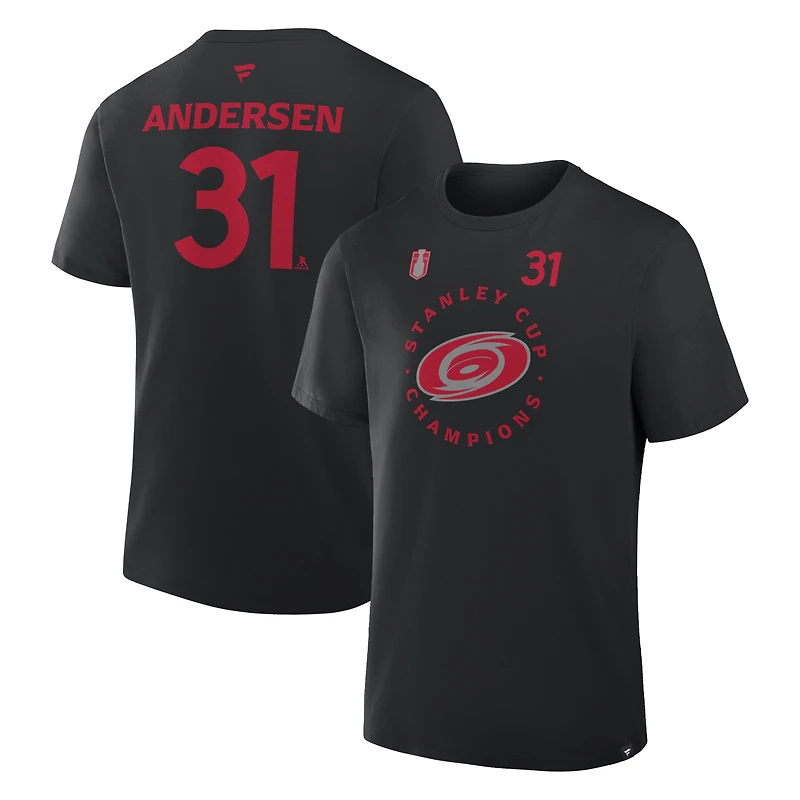 Men's Fanatics Frederik Andersen Black Carolina Hurricanes 2026 Stanley Cup Champions Authentic Pro Name & Number T-Shirt