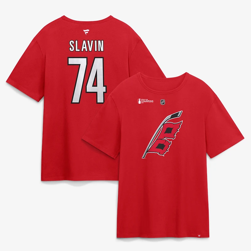 Men's Fanatics Jaccob Slavin Red Carolina Hurricanes 2026 Stanley Cup Champions Authentic Stack Name & Number T-Shirt